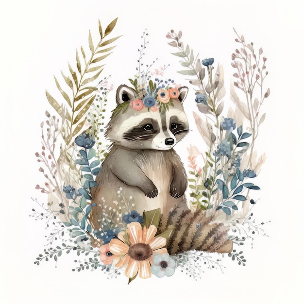 Watercolor forest cartoon isolated cute baby raccoon animal Illustration AI Generative