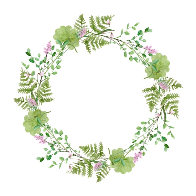 Watercolor forest greenery wreath frame on white background