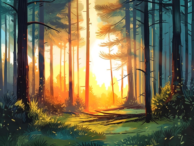 Watercolor Forest illustration highly detailedstyle cartoon style