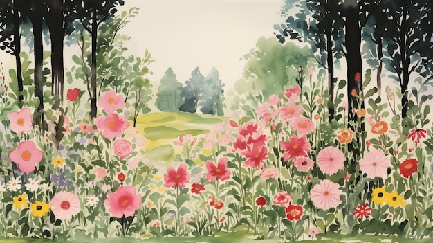 Photo watercolor forest landscape with pink flowers