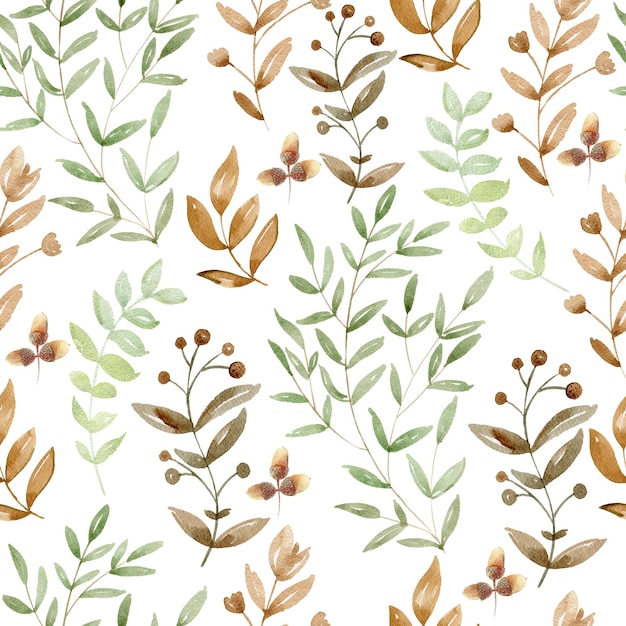 Watercolor forest seamless pattern with acorns and herbs