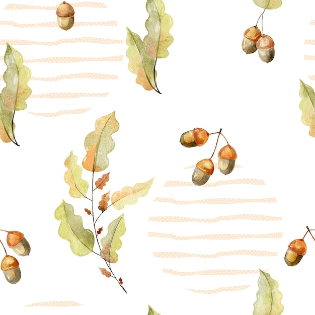 Watercolor forest seamless pattern with acorns and leaves