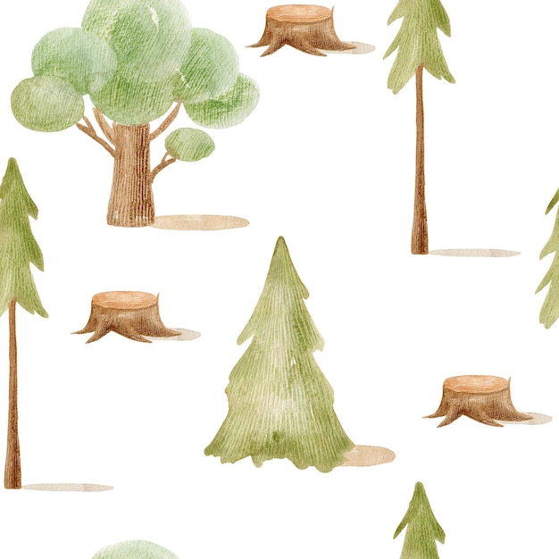 Watercolor forest seamless pattern with trees hand drawn illustration for fabric wrapping paper etc