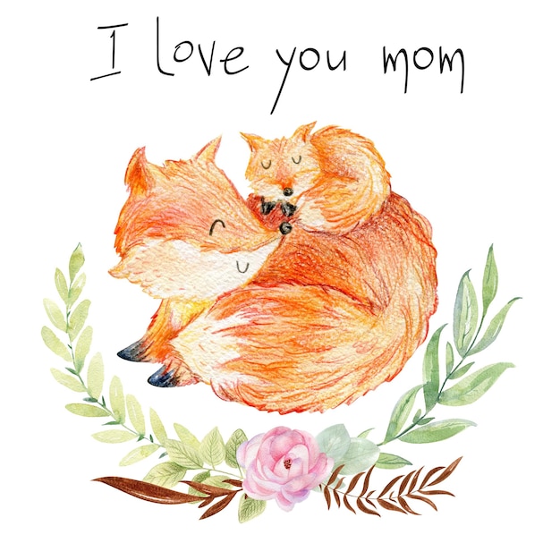 Watercolor fox mom and baby