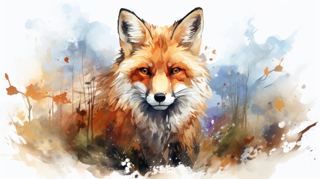 Watercolor fox with double exposure effect