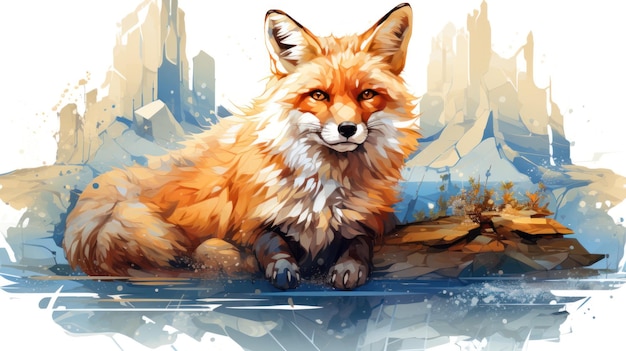 Watercolor fox with double exposure effect