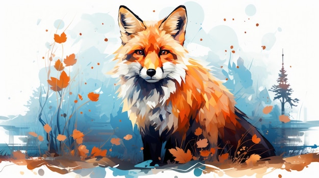 Watercolor fox with double exposure effect