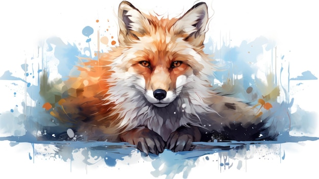 Watercolor fox with double exposure effect