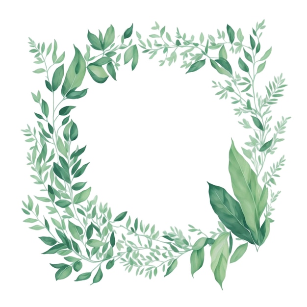 Watercolor frame of green leaves on transparent background AI generative art upgraded by human