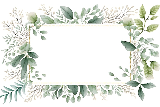 Watercolor frame with green leaves and branches with a gold border.