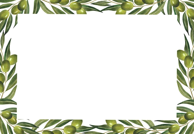 Photo watercolor frame with green olive branches floral background framework template poster postcard olive oil design italian cafe restaurant decoration wrapping paper certificate botanical border natural