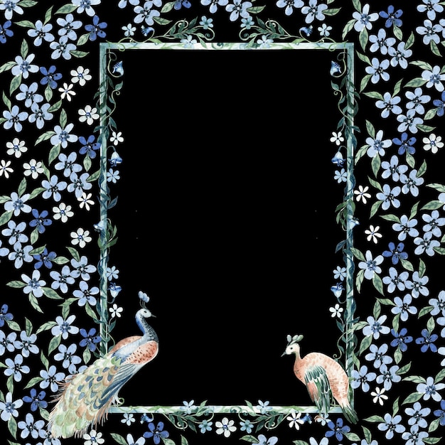 Photo watercolor frame with leaves blue flowers and peacoc bird