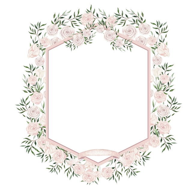 Watercolor frame with rose flowers and leaves