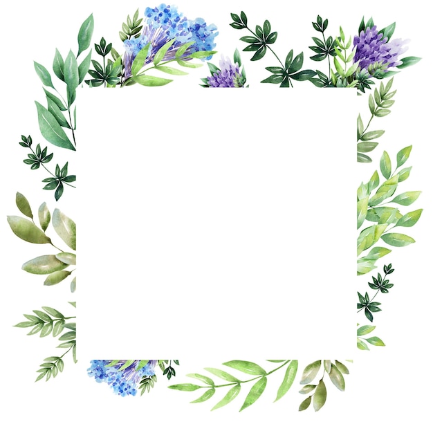 Watercolor frame with various decorative flowers and leaves