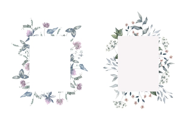 Watercolor Frames with Meadow Flowers and Herbs