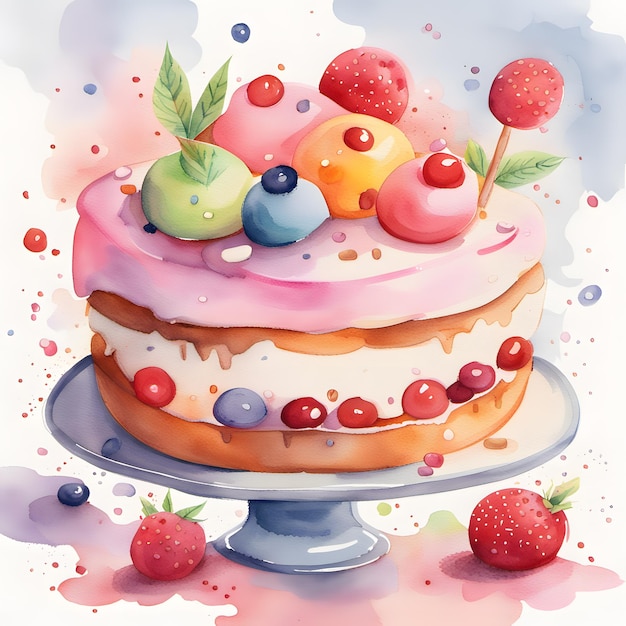 Watercolor fresh sweet colorful fruits cakes Cherry strawberry and orange topping cream Homemade