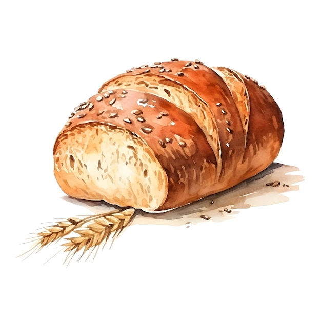 Watercolor of Freshly Baked Rye Bread with Caraway Seeds on White Background