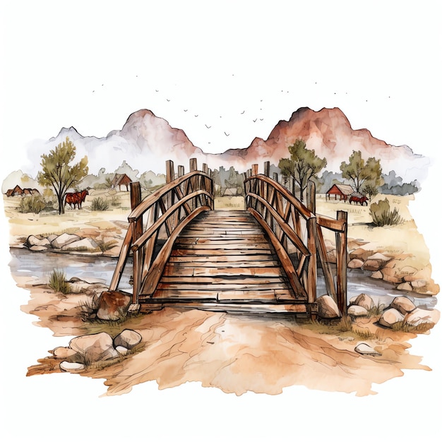 watercolor Frontier bridge western wild west cowboy desert illustration clipart