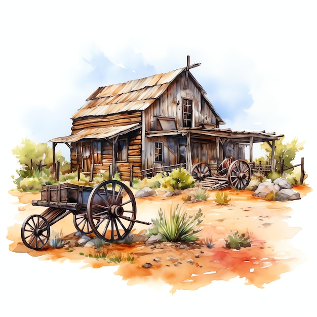 watercolor Frontier homestead western wild west cowboy desert illustration clipart