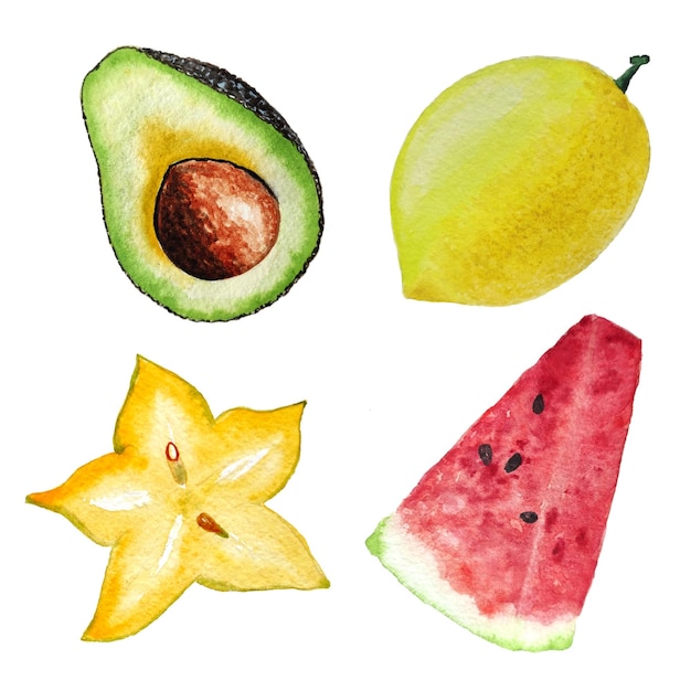 Watercolor fruits,avocado, lemon, carambola and watermelon, on a white background