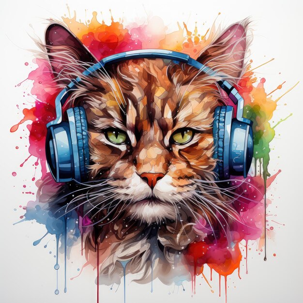 Watercolor Funky Cool Cat with Headphone illustration Generative Ai