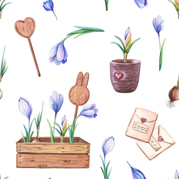 Watercolor garden seamless pattern with crocus pot wood box on white background Watercolour