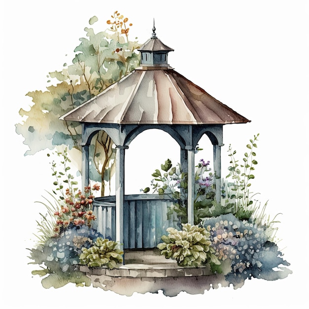 Watercolor garden shelter and flowers illustration on white background Ai generated