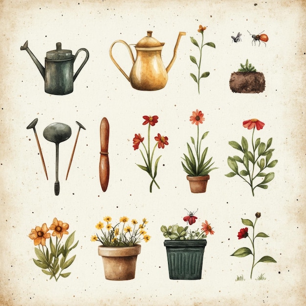 Photo watercolor garden tools and flowers illustration