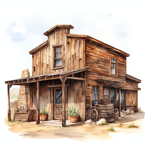 watercolor ghost town building western wild west cowboy desert illustration clipart