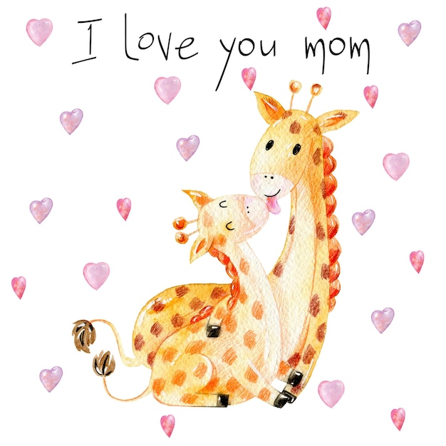 Photo watercolor giraffe mom and baby