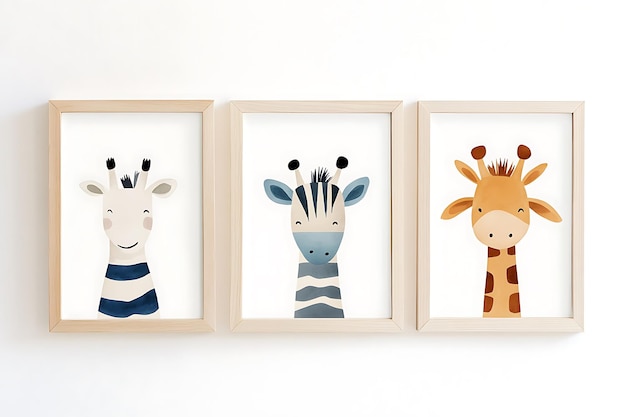 Photo watercolor giraffe and zebra animal prints in wooden frames