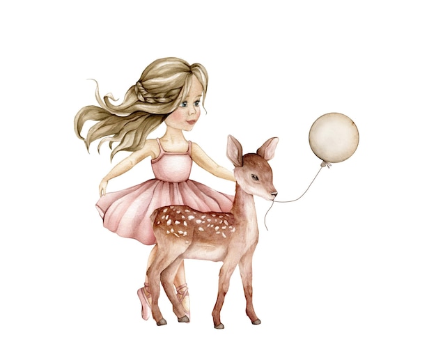 Watercolor girl and deer with balloon on isolated background Hand drawn illustration for greeting cards with animal and dancing ballerina in pink dress For Happy birthday design