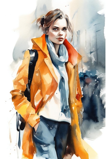 Watercolor of a girl in a yellow coat