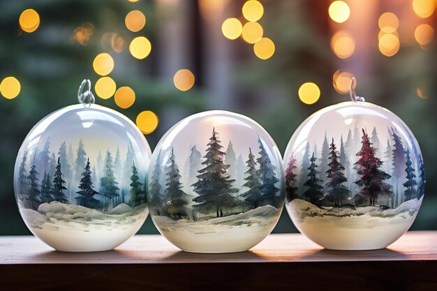 Photo watercolor glass christmas baubles clip art with soft winter landscape and fir trees inside