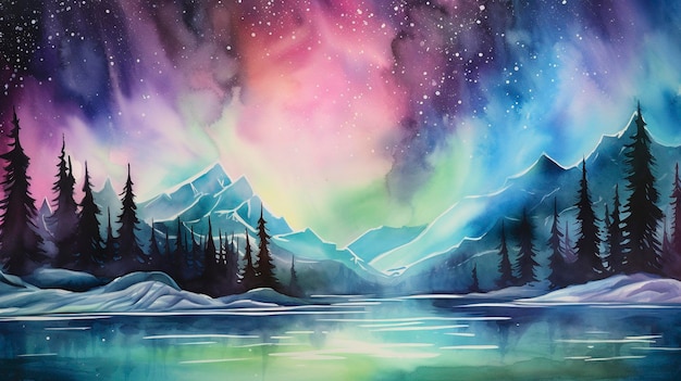 Watercolor Glowing Northern Lights