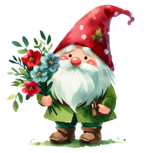 Watercolor Gnome Holding Flower Bucket