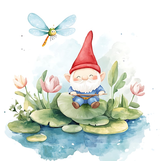 Photo watercolor gnome sitting on a lily pad with dragonfly