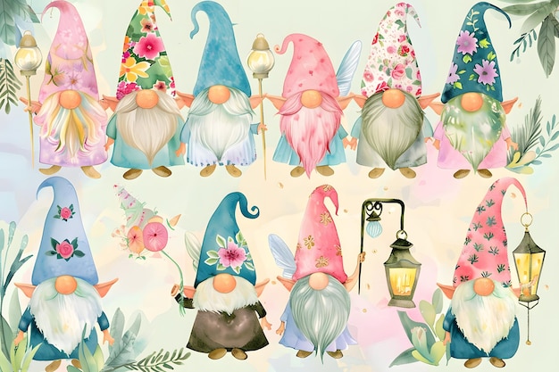 Photo watercolor gnomes with lanterns flowers and grass clipart set