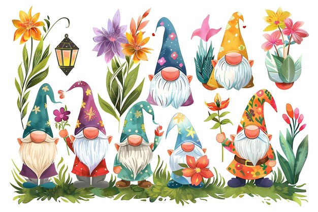 Photo watercolor gnomes with lanterns flowers and grass clipart set