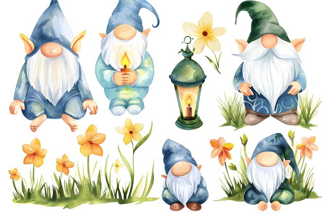 Photo watercolor gnomes with lanterns flowers and grass clipart set