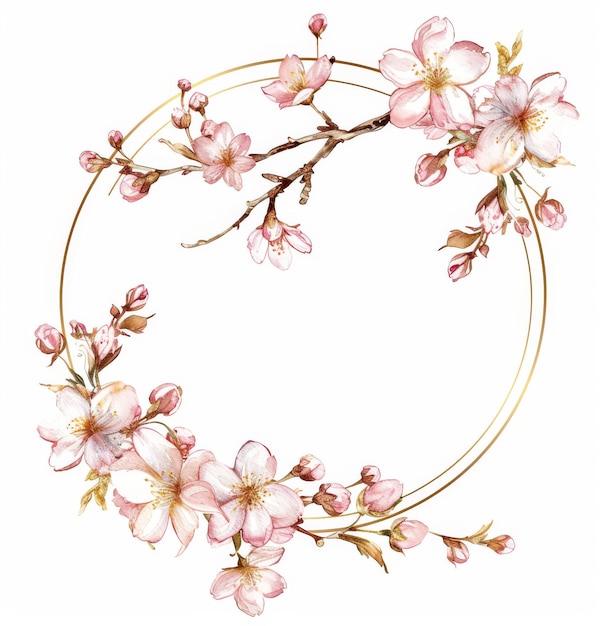 Watercolor gold circle frame with cherry blossoms