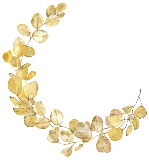 Watercolor golden eucalyptus leaves half frame on white background