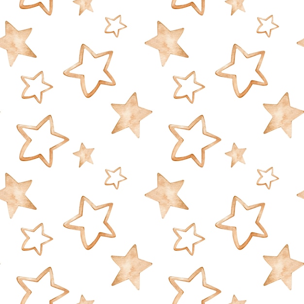 Watercolor golden star pattern. Hand-drawn seamless background. 