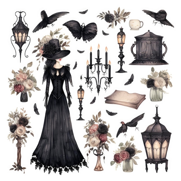 Watercolor Gothic Victorian Clipart Printable Floral