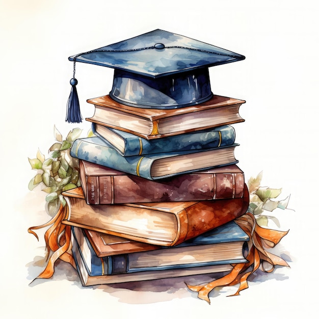 Watercolor Graduation Cap with Books Illustration Generative Ai