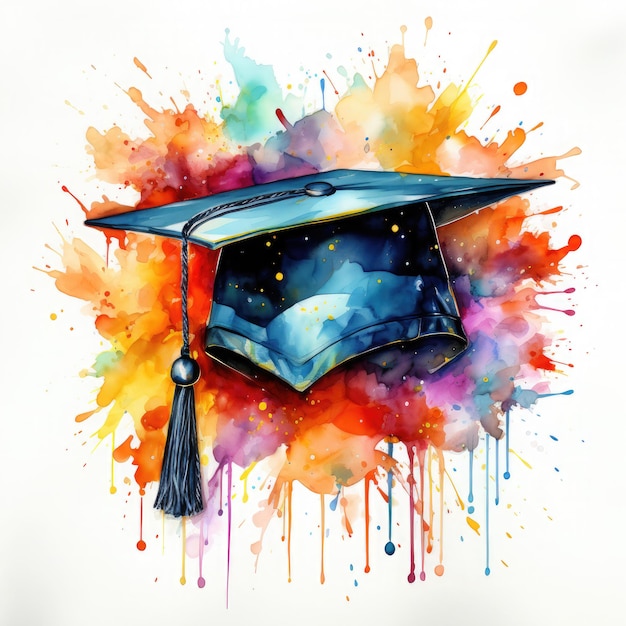 Watercolor Graduation Hat Illustration Generative Ai