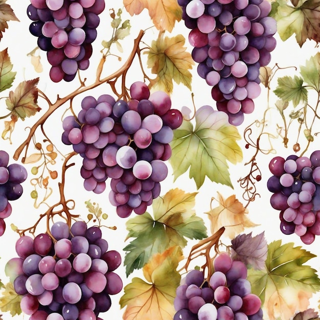 watercolor graphics ripe grape fruits among green leaves