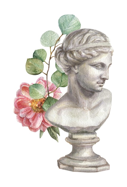 Watercolor Greek classical head sculpture in peony flowers and eucalyptus branches.