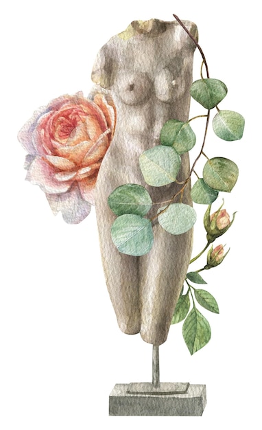 Watercolor Greek classical sculpture of a female body, in flowers, butanes, rose, eucalyptus.