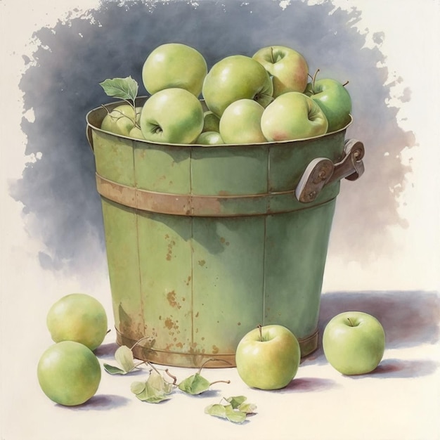 Watercolor Green Apples in Basket Food Fruit Creative Illustration